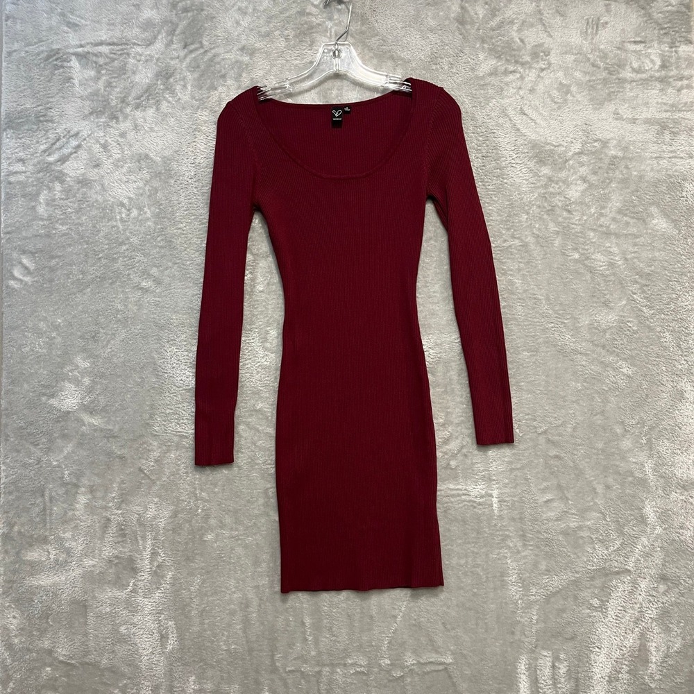 Windsor Ribbed Knit Mini Dress Womens S Burgundy Long Sleeve Bodycon Scoop Neck